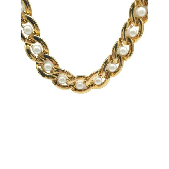 Napier Faux Pearl Chunky Chain Necklace Foldover Closure Gold Tone Vintage 16.5" - Picture 3 of 6